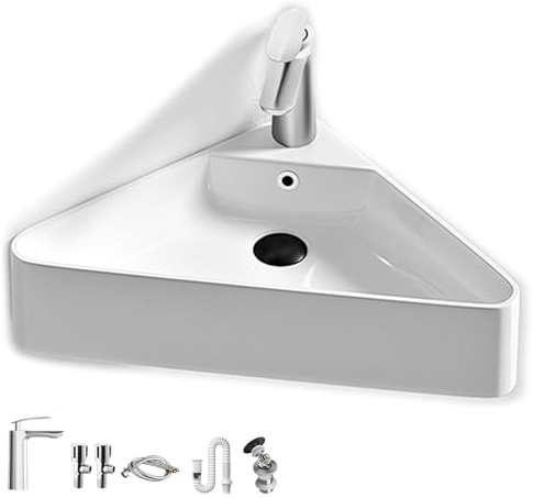 Wandmontiertes Dreieckiges Keramik Waschbecken für Die Ecke, Badezimmer Waschbecken für Kleine Wohnungen, Weißes Bathroom Sink mit Überlaufloch für Badezimmer und Balkone