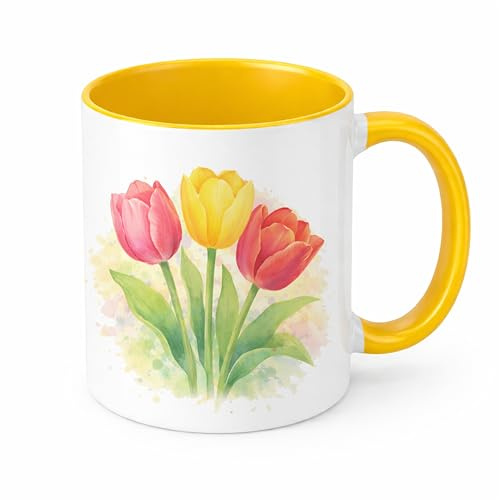 Brew Crew Gifts Tulip Mug, White Ceramic, 11oz, Watercolour Floral Design, Dishwasher and Microwave Safe (Yellow)