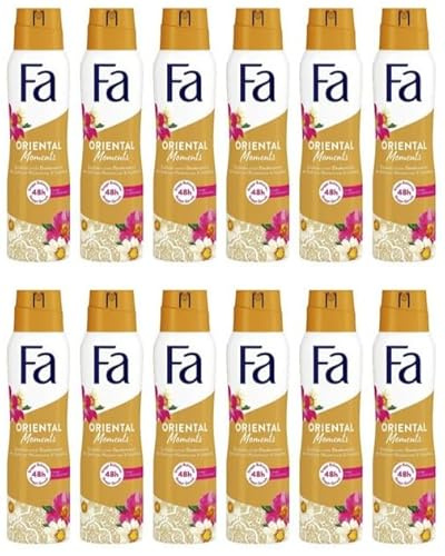 12x Fa Deospray Oriental Moments Deo mit dem zarten Duft von Wüstenrose & Sandelholz ohne Aluminium für bis zu 48h Schutz hinterlässt keine Rückstände auf der Kleidung,150ml (12er Pack)
