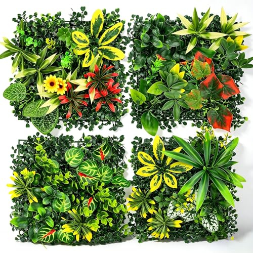 Pared para plantas de exterior, 4 piezas, 25 x 25 cm, plantas artificiales de pared, decoración para balcón y jardín, plantas de pared, decoración para interior y exterior, setos artificiales como