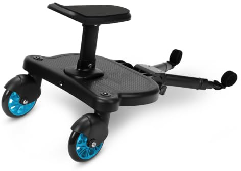 Fogmiea Buggy Board mit Sitz,Trittbrett für Kinderwagen Universal,Blau | Kiddy Board für 2-6 Jahre,abnehmbarer Sitz,Mitfahrbrett bis 25kg,360° Zweirad Design,verstellbare Verbindungsstange