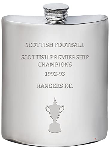 I LUV LTD 6oz Hip Flask for Glasgow Rangers 1992-93 Scottish Premiership Champions Football Memorabilia Mens Birthday Personalised Gifts Pewter Whisky Accessories