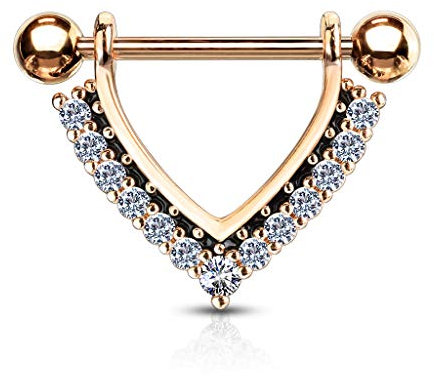 Tata Gisèle Piercing Sein Téton en Acier Chirurgical 316L et Oxydes de Zirconium - Triangle en Acier Entouré de Zircons Sertis - Différentes Couleurs - (Or Rosé/Clair)