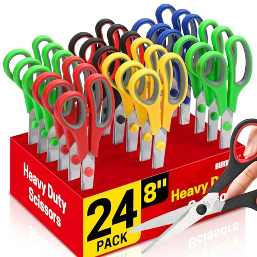 BURVAGY 24-Pack 8 All Purpose Heavy Duty Sharp Scissors Bulk for Office School Home Stainless Steel Blades Safety Soft Grip Handles,Right/Left Handed Scissors
