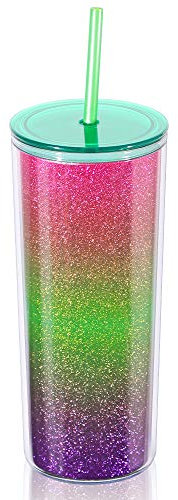 Home Tune Rainbow Tumbler with Straw, Sand Flow Glitter Double Wall Acrylic Cup Tumbler, 21 oz / 640ml (Green)