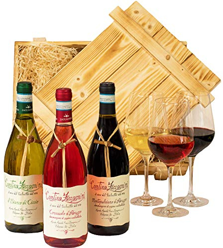 Geschenkset Abruzzo | Weinset mit Holzkiste und 3 ausgezeichneten Weinen (Rot, Weiß, Rosé) aus Italien | Wein Geschenk Korb gefüllt für Weinliebhaber | Italienische Geschenkbox für Frauen & Männer