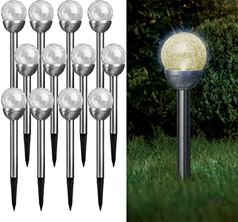 Bonetti Solarlampen für außen aus Edelstahl mit Bruchglas-Kugel, warm-weiße und bunte LED, kabellos, dekorative wetterfeste Solarleuchte für den Garten, Terrasse und Balkon (12er Set, warm-weiß)