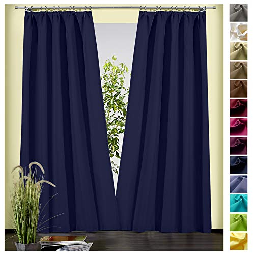 heimtexland ® Dekoschal Baumwolle Uni Blickdicht Vorhang Kräuselband Gardine Dunkelblau HxB 180x135 Typ625