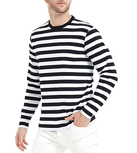 Men's T-Shirt Casual Cotton Spandex Striped Crewneck Long-Sleeve T-Shirts Basic Pullover Stripe Man tee Shirt Black/White