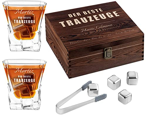 Maverton Whisky Steine Set - in Holzbox mit Gravur - 8 Eiswürfel & 2 Whisky Gläser, Zange, Samtbeutel - wiederverwendbar - personalisierte Geschenke - Geschenke für Männer - Der Beste Trauzeuge