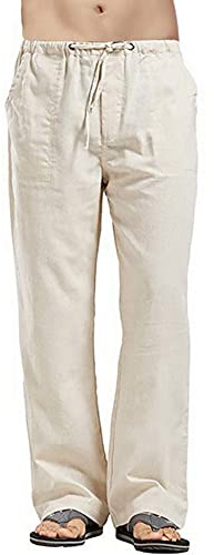 Men's Solid Linen Pants Relaxed Fit Casual Yoga Straight Legs Trousers | Elasticated waist,Drawstring,Lightweight,4 Pockets,Loose fit,Holiday Beach Daily Wear,S-5XL