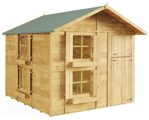 BillyOh 8x7 Peardrop Extra Wooden Playhouse for Kids Outdoor & Indoor – Wendy House Outdoor with Internal Bunk, Mineral Felt Roof, Optional Two-Storey Cottage Style, Faux Shutters & Flower Boxes