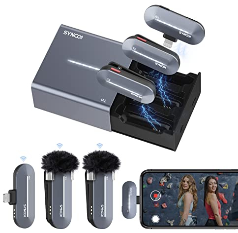 SYNCO Microfono Per iPhone, P2SL 【Certificazione MFi Lightning】di Mic Lavalier Wireless 2.4Ghz Con Custodia di Ricarica Per il iPhone iPad Vlog Youtube, Microfono-Lavalier-Wireless-iPhone-Lightning