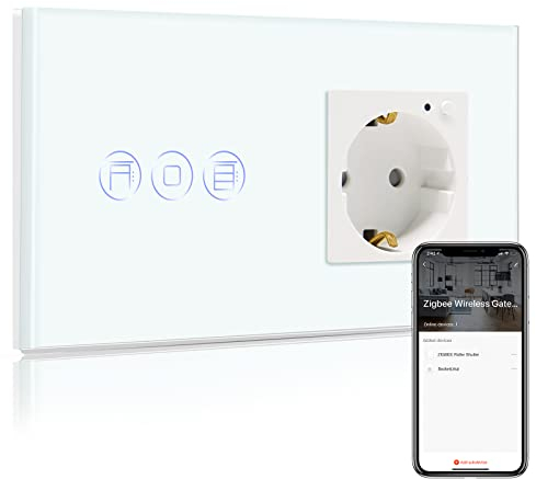BSEED Smart ZigBee Rolladenschalter mit Steckdose, intelligenter Rolladen Unterputz Wandschalter Kompatibel mit Alexa und Google Home, 1 Weg Touch Schalter Weiß (Tuya ZigBee Hub erforderlich)