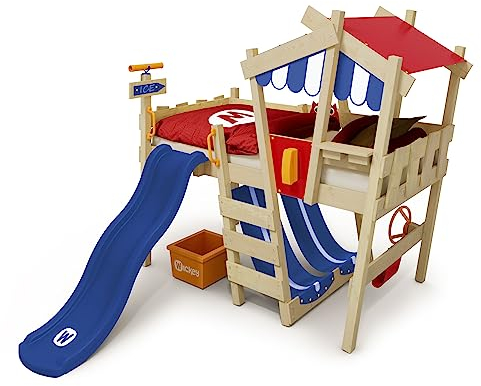 Wickey Letto per bambini con scivolo CrAzY Hutty Letto a soppalco con tetto Letto Avventura con rete a doghe, blu/rosso