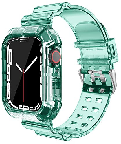 YUANYHE Compatible con Apple Watch Pulsera 38mm 40mm 41mm 42mm 44mm 45mm, Transparente Cristal con Funda Protectora, Correa de Silicona Suave para iWatch Series 7 6 5 4 3 SE, 42mm 44mm 45mm, Silicona,