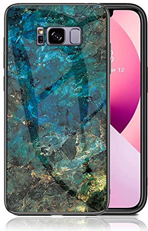 IMEIKONST Kompatibel mit Samsung Galaxy S8 Glitzer Hülle Gehärtetes Glas Rückseite + Stoßfest Weicher Bumper Handyhülle Marmor Ultradünne Schutzhülle für Samsung S8. Smaragd Blau LSM