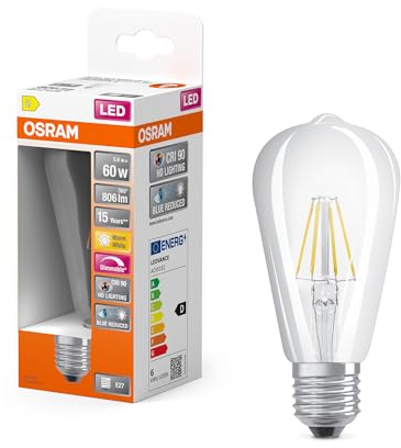 Osram Lamps Superstar dimmbare LED-Lampe besonders hoher Farbwiedergabe(CRI90) E27-Sockel,Filament-Optik,Warmweiß(2700K),730 Lumen,Ersatz herkömmliche 60W-Leuchtmittel,dimmbar,1-er Pack,4058075603035