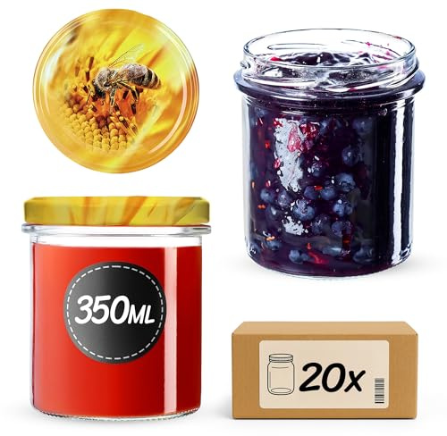 KADAX 20er Set Marmeladengläser 350ml TO82, Einmachgläser Vorratsgläser Mason Jar mit Schraubdeckel, Luftdichte Schraubgläser, Honig & Konfitüre