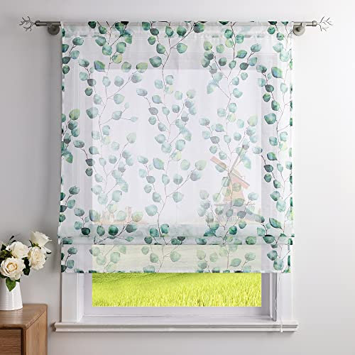 CORLIF Raffrollo Leinenoptik mit Tunnelzug Küche Raffgardine Blätter-Druck Fenster Bändchenrollo Transparenter Kurz Vorhang Landhausstil B/H 60/140 cm Grün