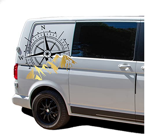 Autoaufkleber Kompass Sport Mountains 60x56cm Windrose Sticker Folie für Auto Wohnwagen Anhänger Aufkleber Selbstklebend Kfz Zubehör KX072 KX073 (Kompass schwarz, Berge Gold)