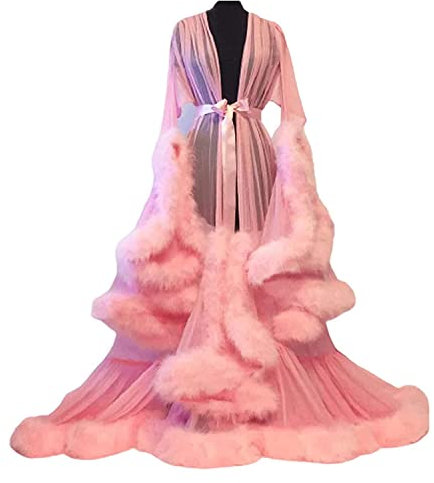 MIAOXIAO Women Lingerie Robe See Through Sexy Feather Nightwear Long Lace Dress Kimono Night Robe Feather Trim Tulle Lotus Leaf Long Sleeve Dressing Gown,Pink,M