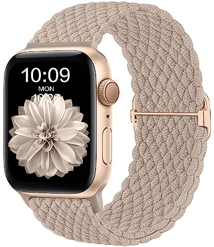 CeMiKa Geflochtenes Armband Kompatibel mit iWatch Armband 38mm 41mm 40mm 42mm für Damen Herren, Elastisches Solo Loop Nylon Band für iWatch Series 10 9 8 7 6 5 4 3 2 1 SE Ultra 2, Milchtee