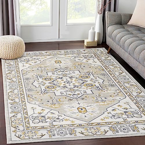 LuxFocus Teppiche Wohnzimmer Rutschfester Teppich Moderner Blumenteppich Maschinenwaschbarer Teppich Orientalisches Design Bodenmatte mit Kurzflor für Schlafzimmer Weiß-Beige 120x170 cm