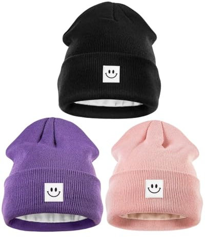 Wintermützen für Damen und Herren, 3er-Pack, mit Fleece gefüttert, Wintermützen mit Smiley-Gesicht, warme, süße Mütze für kaltes Wetter, Schwarz, Rosa, Violett, Einheitsgr��e
