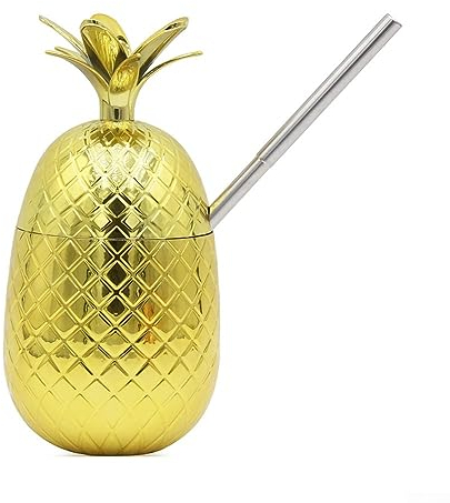 QOXEZY Ananas Cocktailbecher, Kupfer Edelstahl Trinkbecher Strohhalm Becher Cocktail Kupfer mit Deckel & Strohhalm Cocktail Bar Stehbecher Küche