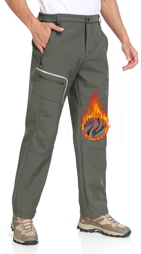 MoFiz Homme Pantalon de Ski Chasse Randonnée Softshell Chaud Doublé Polaire Coupe-Vent Imperméable Hiver Cargo Décontracté Pantalon de Travail avec Poches Zippées B- Vert Militaire EU L