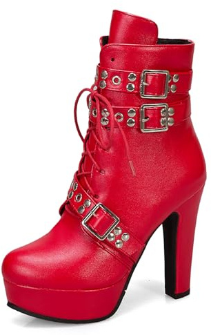Bellirala Botines de tacón grueso con plataforma y cordones para mujer, botines de tacón alto con hebilla, Rojo 3, 39 EU