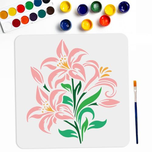 MAYJOYDIY Pochoir Lily 30 × 30cm Grands Pochoirs à Fleurs pour Peinture avec Pinceau Réutilisable Modèle de Fleur de Printemps et D'Été pour Toile Mur Bois Bricolage Artisanat Décoration de la Maison