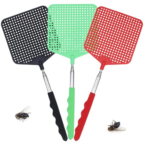 TAKUZA Fliegenklatsche 3 Stück, Fliegenklatsche Ausziehbar Groß Schlagfläche 12 x 10,5 cm, Fliegenklatsche Stabil, Fliegenklatschen für Verwendet, Um Fliegen, Wespen usw.(Schwarz, Grün,Rot)