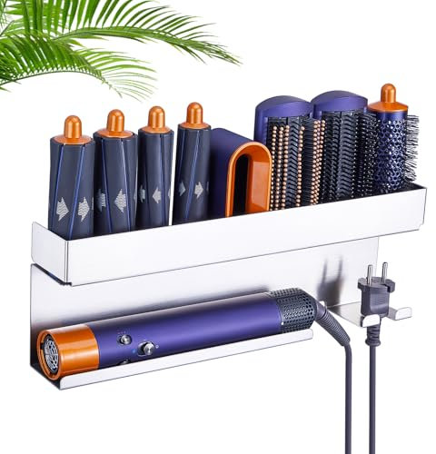 WAYASI HairDryer Holder Wall Mount, Hair Straightener Holder for Curling Iron Styler Accessories, Stainless Steel HairDryer And Straightener Holder, Hairdryer Holder Station, Hair Tools Organiser