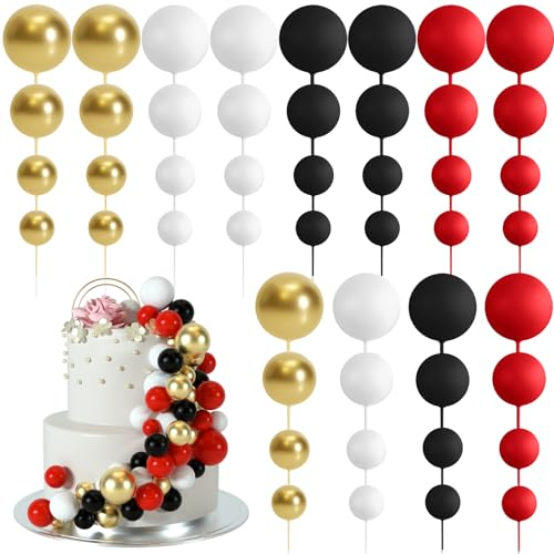 BOUBONI 48 Piezas Bolas Decoraciones para Pasteles Globos Adornos para Magdalenas Bolas de Espuma para Pasteles Decoraciones para Fiestas (A06-Black, Red, White, Gold)