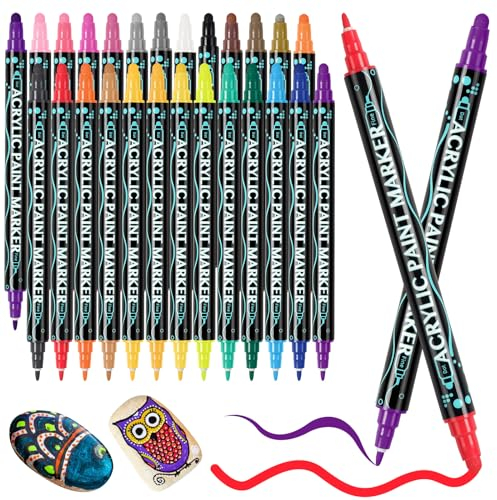 DUNSOO 26 Acrylstifte für Steine wasserfest mit Doppelspitze (feine Spitze und Pinsel)- Waterproof Dual Tip Acrylic -Acrylstifte Verschiedene Oberflächen-Multimarker Acryl (26)