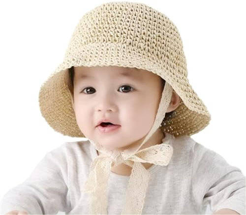 Uniyoung Baby Girls Summer Straw Hat Toddler Kids Lace Bowknot Sun Protection Hats Wide Brim Foldable Beach Hat for Holiday Travel Outdoor (Beige 2)