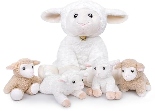 lilizzhoumax Schaf-Plüschtier-Set weißes Lamm 5-teilig Stofftier süßes kuscheliges Kinderzimmer-Schaf weiches Plüschtier für Kinder Geburtstagsgeschenk Heimdekoration Eltern-Kind-Spielzeug