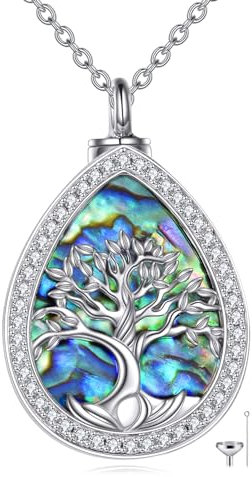 POPLYKE Tree of Life Urn Necklace for Ashes Sterling Silver Abalone Shell Teardrop Urn Necklace Tree of Life Cremation Jewelry Gift (tree of life-teardrop)