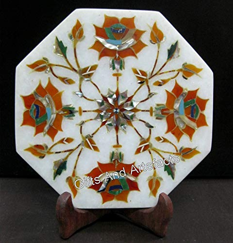 Gifts And Artefacts Marble Corporate Plate with Ancient Look Carnelian Stone Inlay Work 6 x 6 Inches Octagon Shape White Tea Pot Cum Kettle Stand