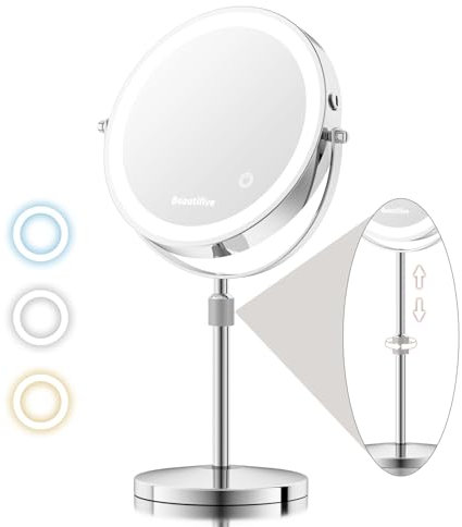 Beautifive 8” Large Lighted Makeup Mirror with 15X/1X Magnification, 360° Rotation Rechargeable Magnifying Mirrors with Lights, Stepless Dimming Light Up Table Mirror with Adjustable Height