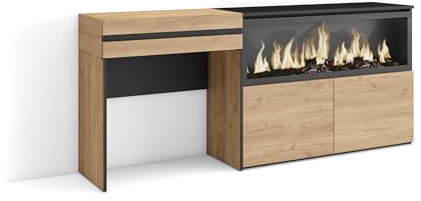 Skraut Home | Schminktisch | Frisiertisch mit Stauraum | 177x75x35 cm | mit Schublade | Elektrokamin XXL | Moderner Stil | Eiche