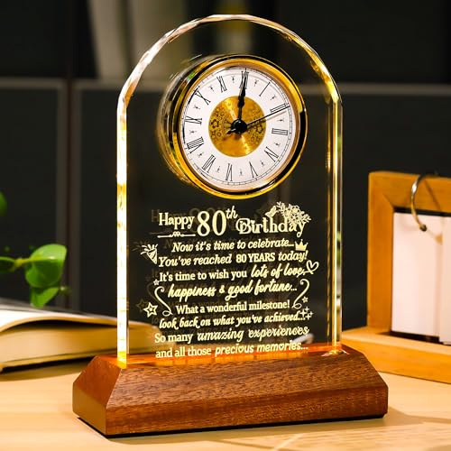 Ornalrist Quarzuhr zum 80. Geburtstag, Geschenke für Damen und Herren, Geschenk zum 80. Geburtstag, Geschenk für Eltern und Großeltern, drehende 80 Quarzuhr mit Holz-Lichtsockel, Heimbüro-Dekoration