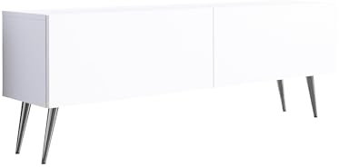 3E 3xE living.com Meuble TV : Deux Portes, Deux étagères, Couleur : Blanc Mat, Pieds chromés, D : L : 140 cm, H : 52 cm, P : 32 cm