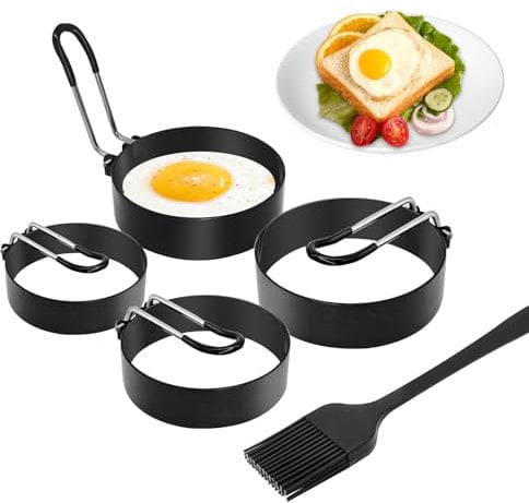 KATIMI 4 Stück Spiegeleiform, 2,95/3,93 Zoll Pancake Form, Antihaft Spiegeleierformen für die Pfanne mit Klappgriffen ＆ Silikon Pinsel, Edelstahl Eierformer für Spiegeleier Hackbraten