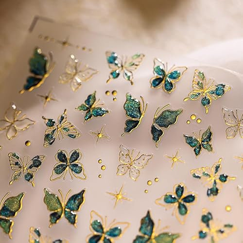 GlamRays Schmetterlings Nagel Sticker Nagelkunst Aufkleber Decals 5D Relief Schmetterlings-Nagel Decals Grün Schmetterling Stern Gold Kanten Design Schmetterlings-Nagel Aufkleber