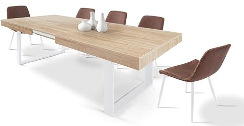 CASABEL - Table à Manger Extensible avec Rallonge - Grande Capacité - Style Industriel - Plateau de 160 à 200 cm - 6 à 8 Personnes - Pieds en métal - Salle à Manger, Cuisine - Bois Clair et Blanc