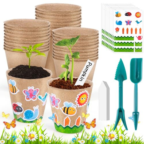 HGRGHH Macetas de Semillas de Fibra Biodegradable, 50 Piezas 8cm Macetas Pequeñas para Plántulas, DIY Macetas de Turba Semilleros con 2 Herramientas, 50 Etiquetas de Plantas y 10 Pegatinas