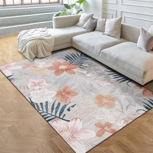 RUGMRZ Alfombra Dormitorios Gamer Decoracion Alfombra Gris Flor Rosa Hojas Azules Dormitorio Antideslizante Alfombras De Salon Modernas 160X250CM